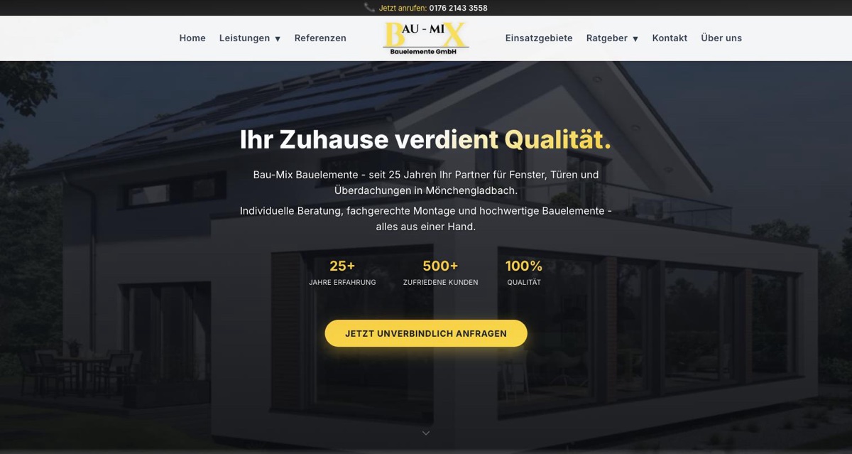 Bau-Mix Bauelemente Website Hero mit Fenstern und Türen