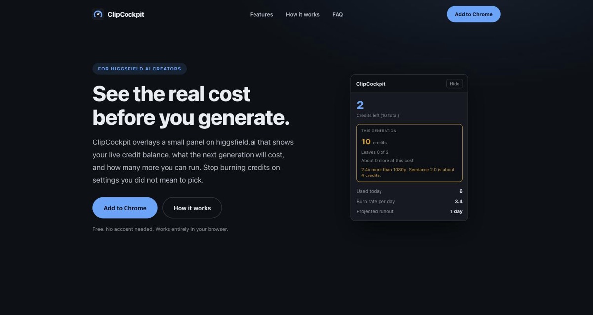 ClipCockpit Website Hero – Credit-Cockpit für higgsfield.ai